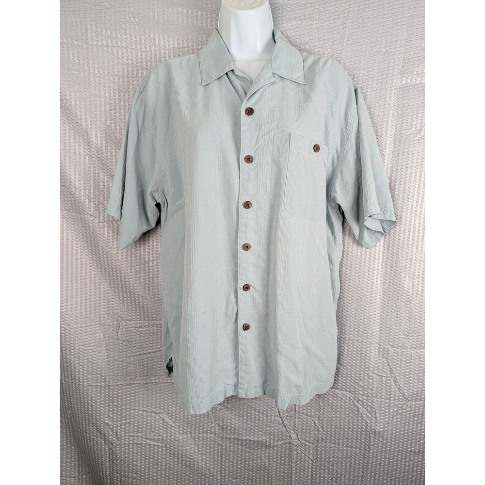 Porcini Silk Button Down Shirt Light Blue Textured Grid Coconut Buttons Mens